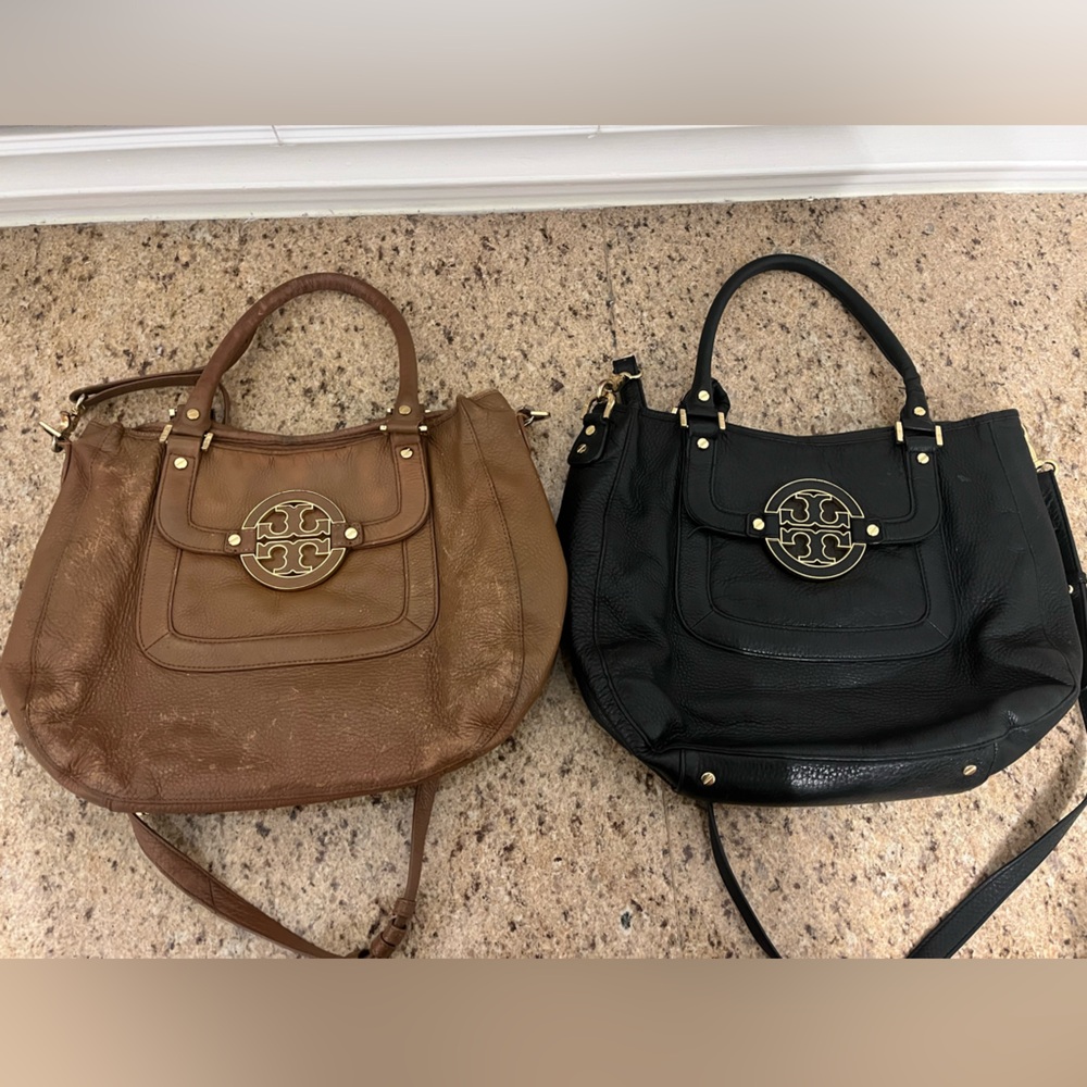 Tory Burch Brown and Black Leather Crossbody Tote Pair